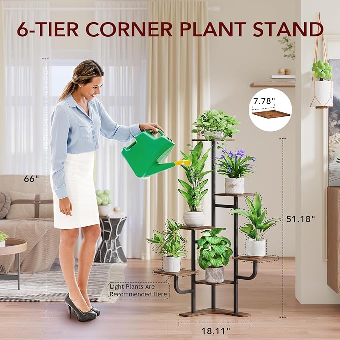 Corner Plant Stand with Grow Light - 6 Tier Plant Stand Indoor Square Metal Plant Shelf with Adjustable Light, Plant Organizer for Living Room, Graden, Home Decor (Brown)