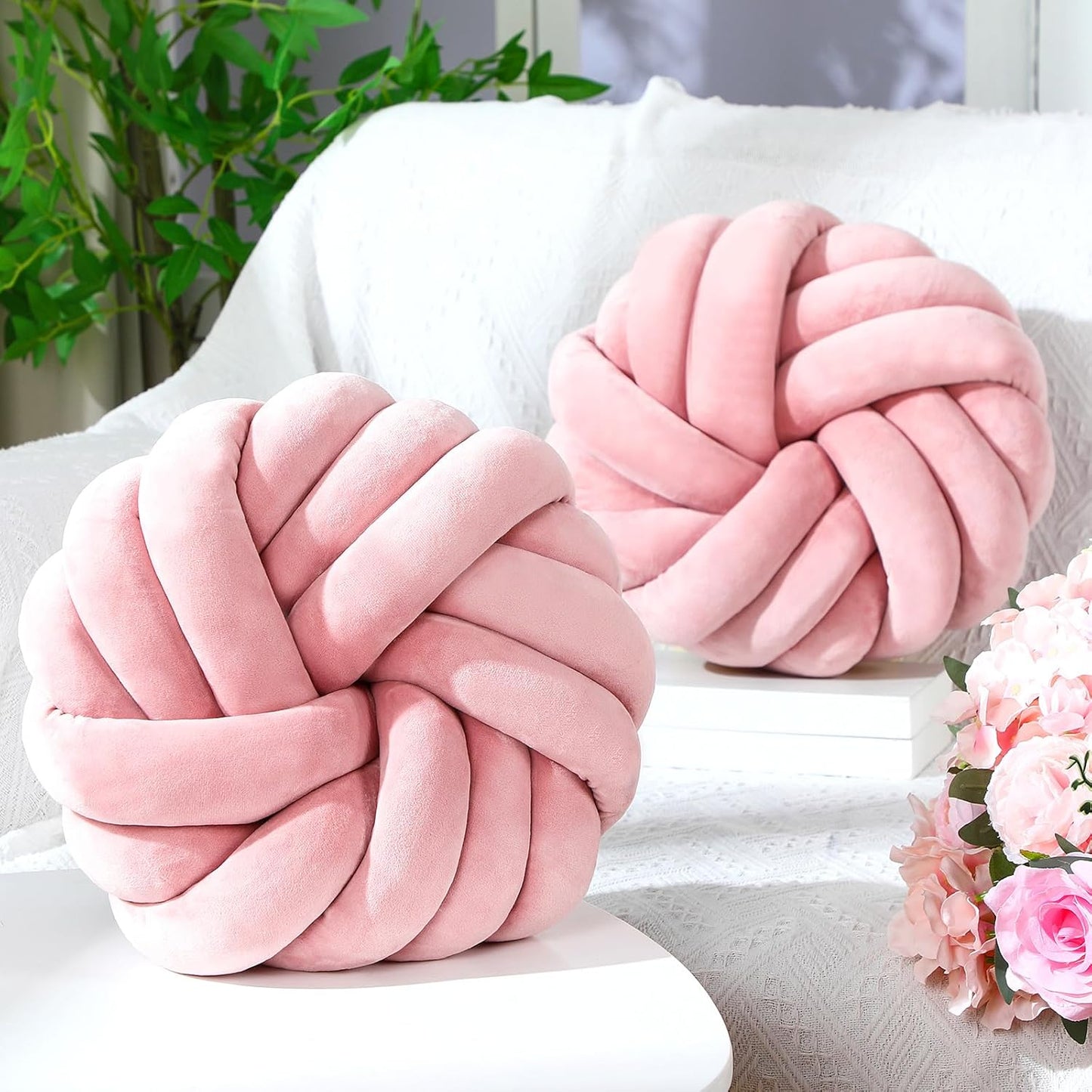 Fumete 2 Pcs 14 Inches Knot Pillow Round Throw Soft Plush Knot Ball Pillow Handmade Knotted Modern Home Decorative Cushion for Bed Bedroom, Sofa, Couch (Light Pink)
