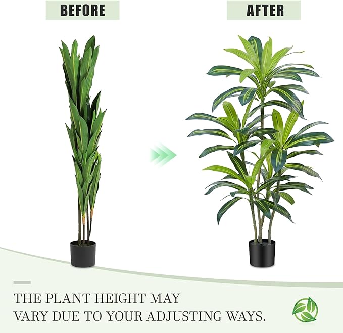 4Ft Dracaena Plant Artificial Tree Fake Tropical Floor Plants Potted (Real Touch) Artificial Silk Tree Leaf Faux Trees Black Tall Planter for Home Office Living Room Indoor Outdoor Decor（2Pack）