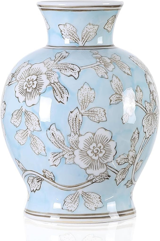 Vintage Chinoiserie Floral Ceramic Vase, Large Rustic Pottery Vases for Living Room, Entryway, Dining Table Centerpiece, Farmhouse Home Décor, Floor or Tabletop Flower Vase, (Blue)