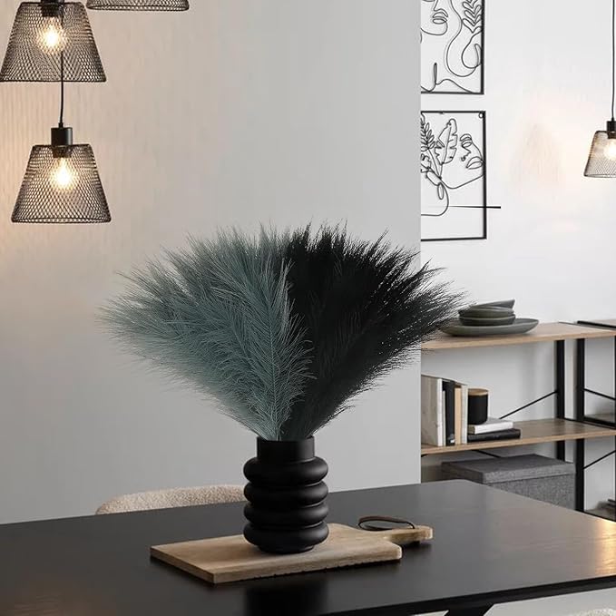 60 Pcs Pampas Grass Black and Dark Grey Decor 21.7" Fluffy Faux Short Pampas Grass Artificial Small Pompas Grass Flower Vase Filler for Home Wedding Decoration