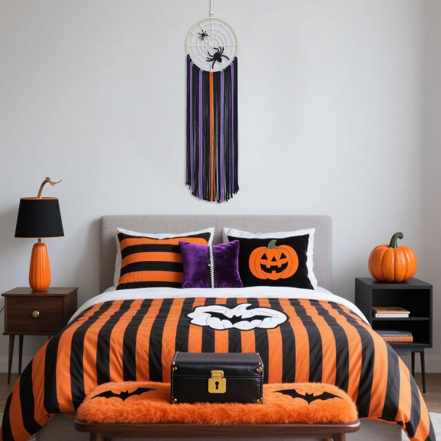 LB Purple Halloween Black Macrame Wall Hanging Spooky Spider Wall Decor Beige Spider Web Purple Black Woven Tassels Tapestry Yarn Macrame Wall Art for Living Room Bedroom Dorm Nursery Home Decoration