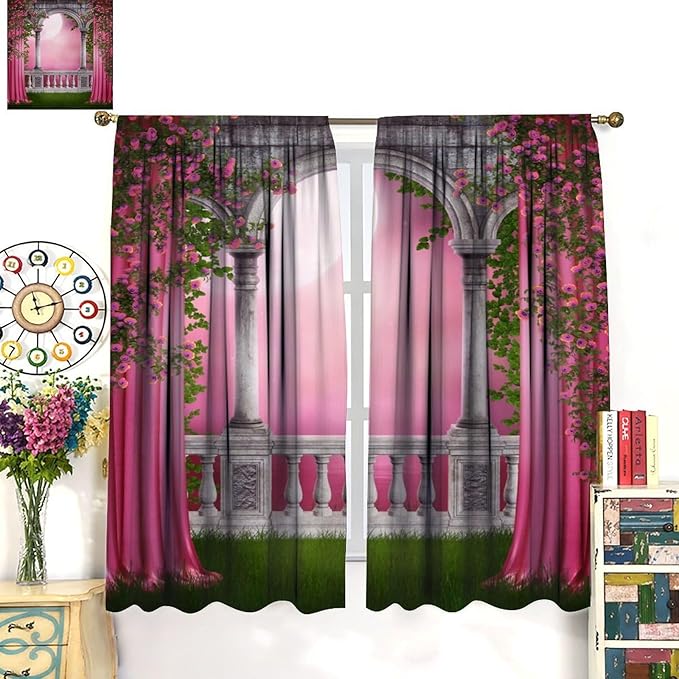 Pink Gothic Blackout Curtains，Vintage Romantic Roses Medieval Castle Pattern Drapes Window 2 Panel Rod Pocket Curtain for Bedroom Living Room Decor 31.5" W X 72" L