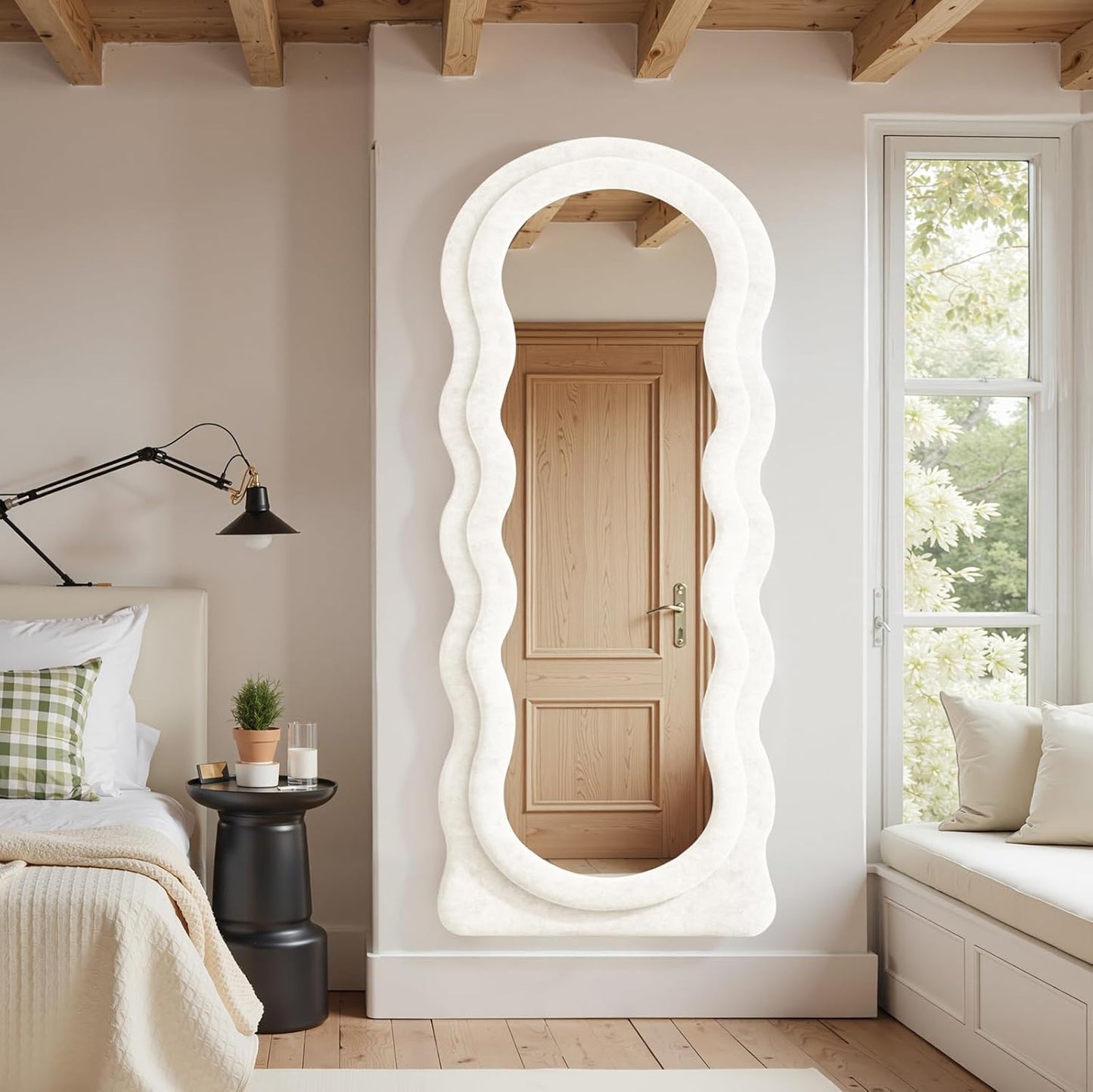 Full Length Mirror 71"x30" Arched Wavy Full Body Wall Mounted Floor Mirror Ivory Flannel Frame Leaning Hanging Wall Mirror for Bedroom Entrance