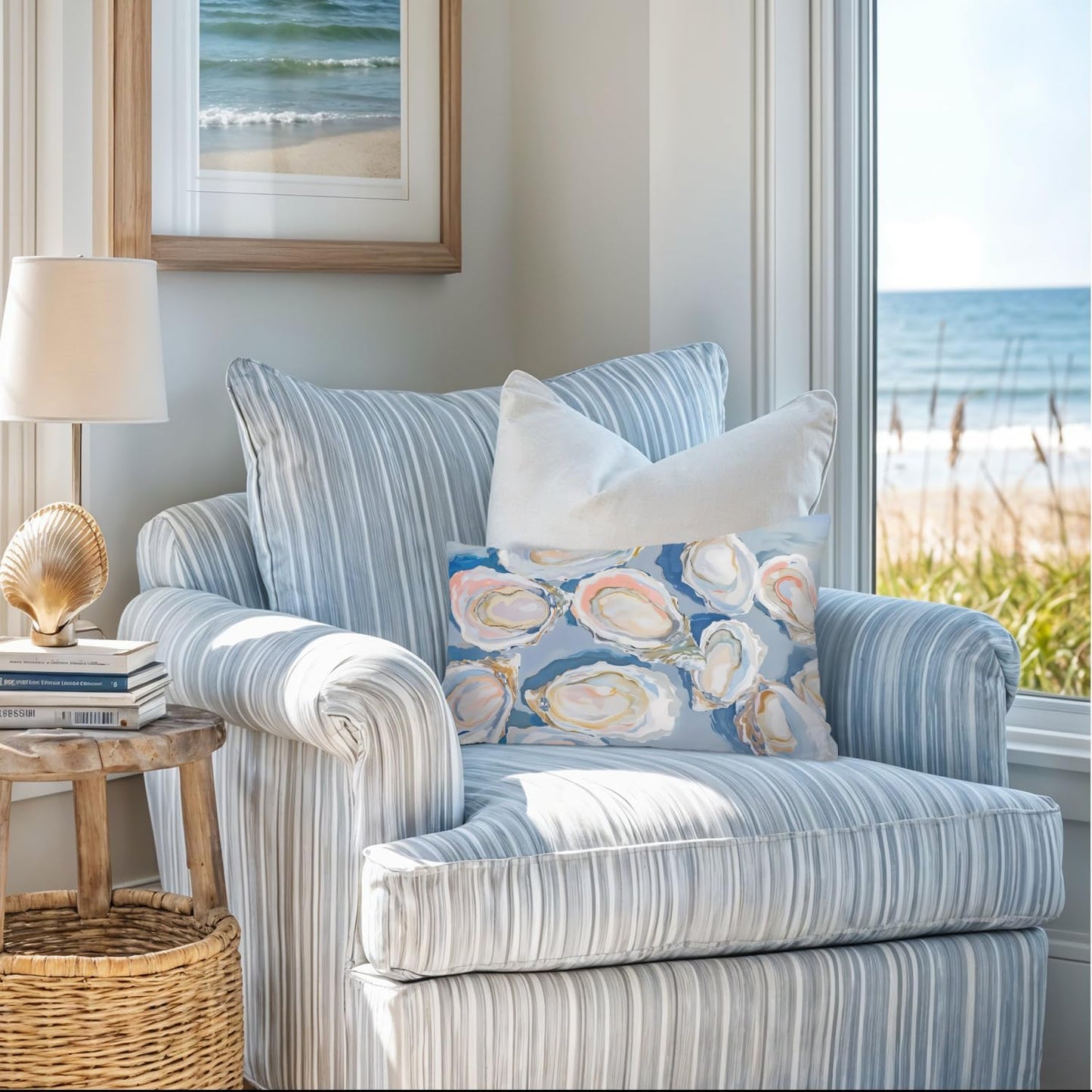 Coastal Beach Room Decor 12x20 Pillow Cover, Coastal Beach Blue Oysters Shell Decorative Lumbar Pillow Covers for Bedroom Living Room Home Dorm Sofa Couch