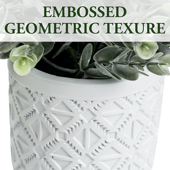 MyGift Artificial Eucalyptus Plant in Modern Gray Concrete Pots with Geometric Embossed Pattern (1, White)