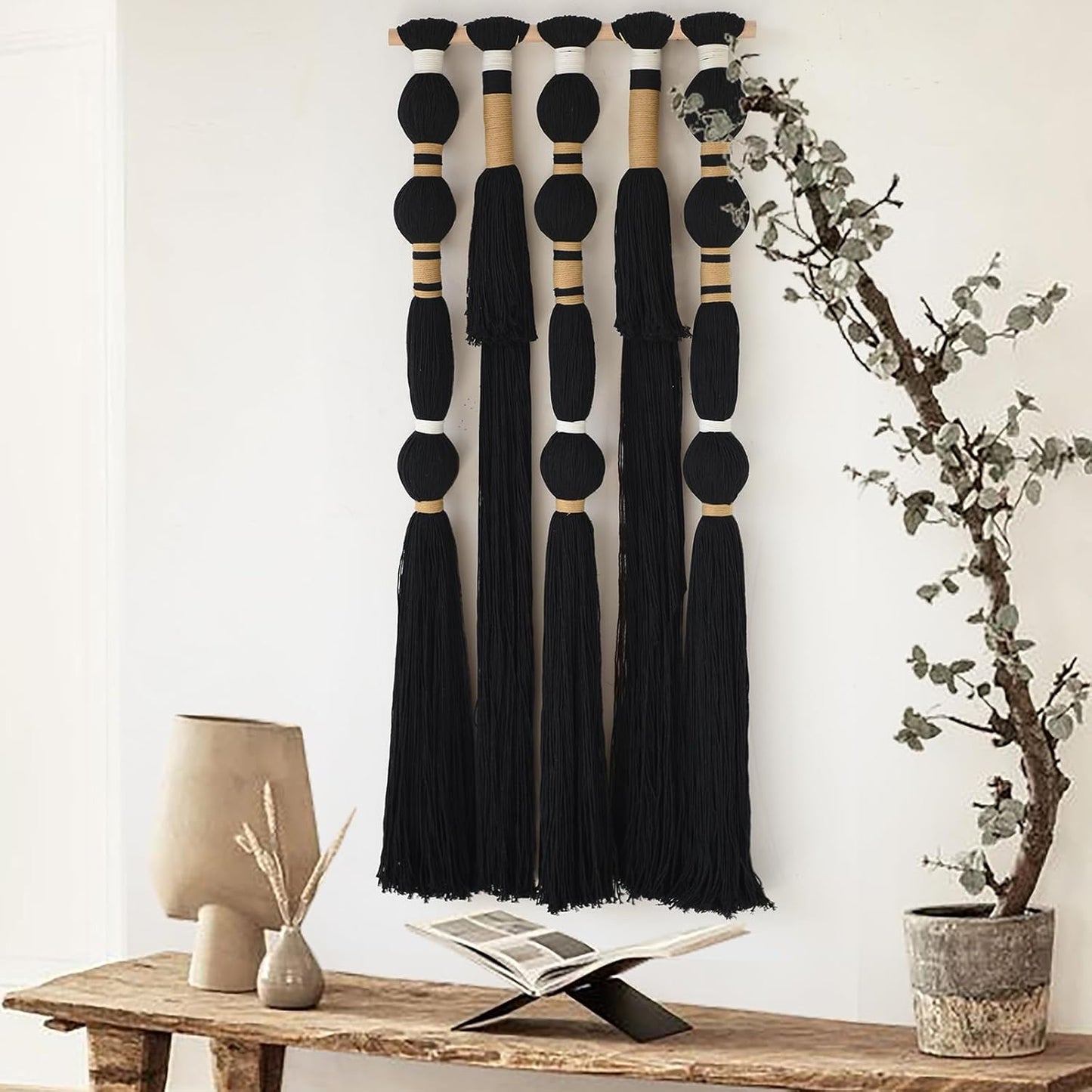Flber Macrame Wall Hanging Black Sphericity Cotton Tassels Textile Hanging Geometric Yarn Wall Art for Bedroom Living Room Decor 15.7" W x 39" L