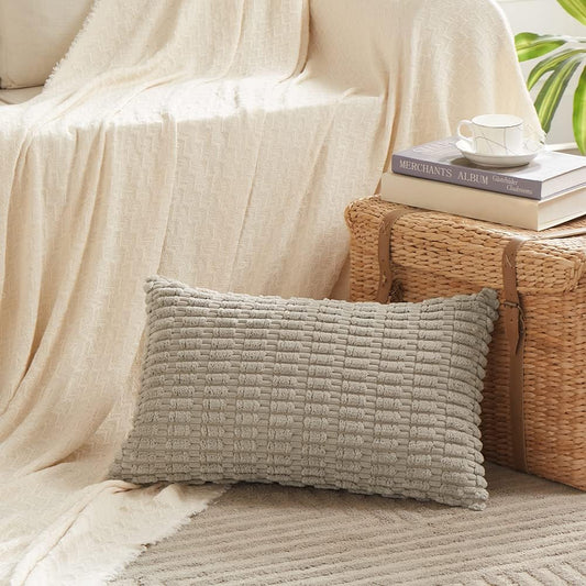 Fancy Homi Taupe Decorative Throw Pillow Covers 14x24 Inch for Living Room Couch Bed Sofa, Rustic Farmhouse Boho Home Decor, Soft Striped Corduroy Square Cushion Case 35x60 cm