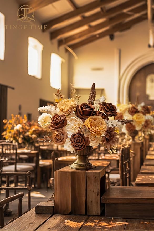 TINGE TIME Silk Fake Flowers Combo, Fake Foam Roses with Stems for DIY Wedding Bouquets Centerpieces Baby Shower Party Home Decorations(Brown & Nude Color)