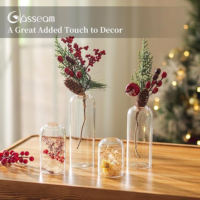 Glasseam Glass Bud Vase for Centerpieces, 4pcs Small Flower Vase Set for Single Rose Bouquet, Modern Minimalis Clear Table Centerpieces for Home Decor Living Room Bathroom Kitchen Wedding Party