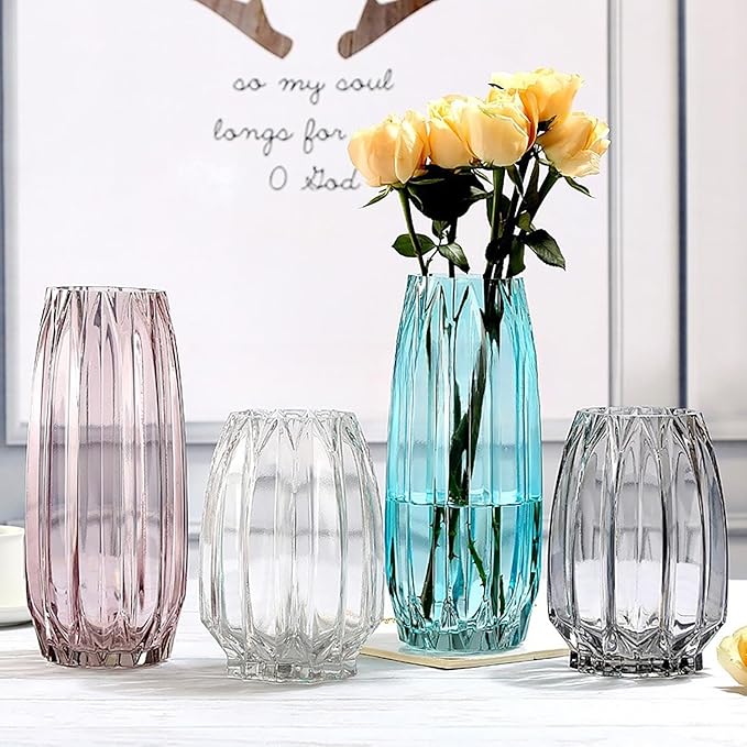 Modern Ribbed Blue Glass Vase for Flowers, Candles, and Decorative Accents - Tall/Short for Centerpieces and Table Decor (12.0inch)