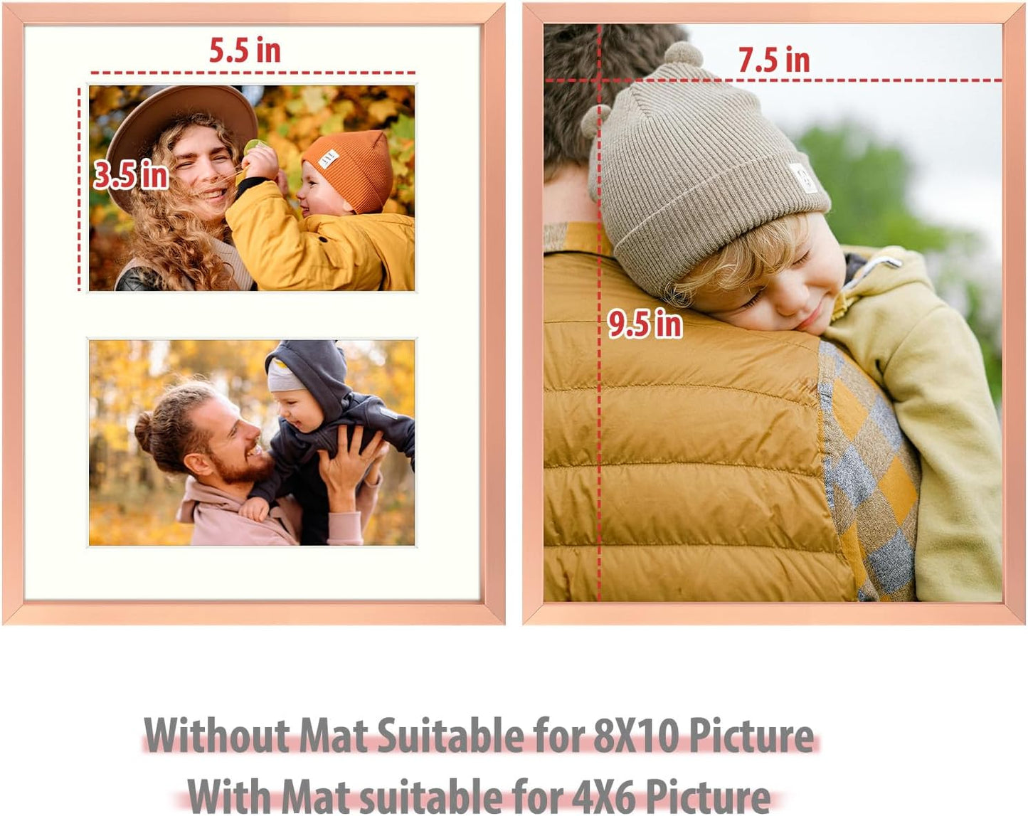 Frametory - 8x10 Aluminum Collage Picture Frame - Display 4x6 Pictures with 2 Openings Mat - Real Glass Front - with Easel Stand for Horizontal/Vertical Wall Mount - Rose Gold 1 Pack