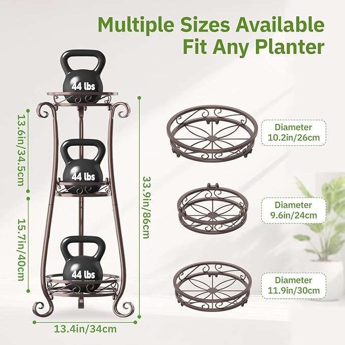 KMOTASUO 3 Tier Metal Plant Stand for Multiple Large Planters Indoor Outdoor Organizer, Heavy Duty Tall Flower Rack for Corner Patio Bathroom Office Corner, Modern Sturdy Vertical Iron Rack, Bronze