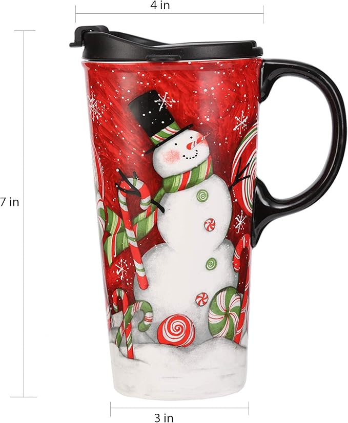 Topadorn Coffee Ceramic Mug Porcelain Latte Tea Cup With Lid in Gift Box 17oz., Santa Snowman