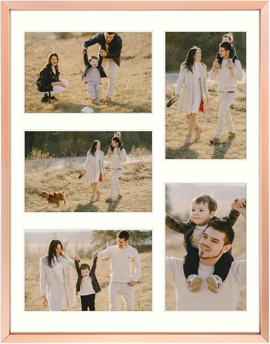 Frametory - 11x14 Aluminum Collage Picture Frame - Display 4x6 Pictures with 5 Openings Mat - Real Glass Front - Horizontal/Vertical Wall Mount - Rose Gold 1 Pack