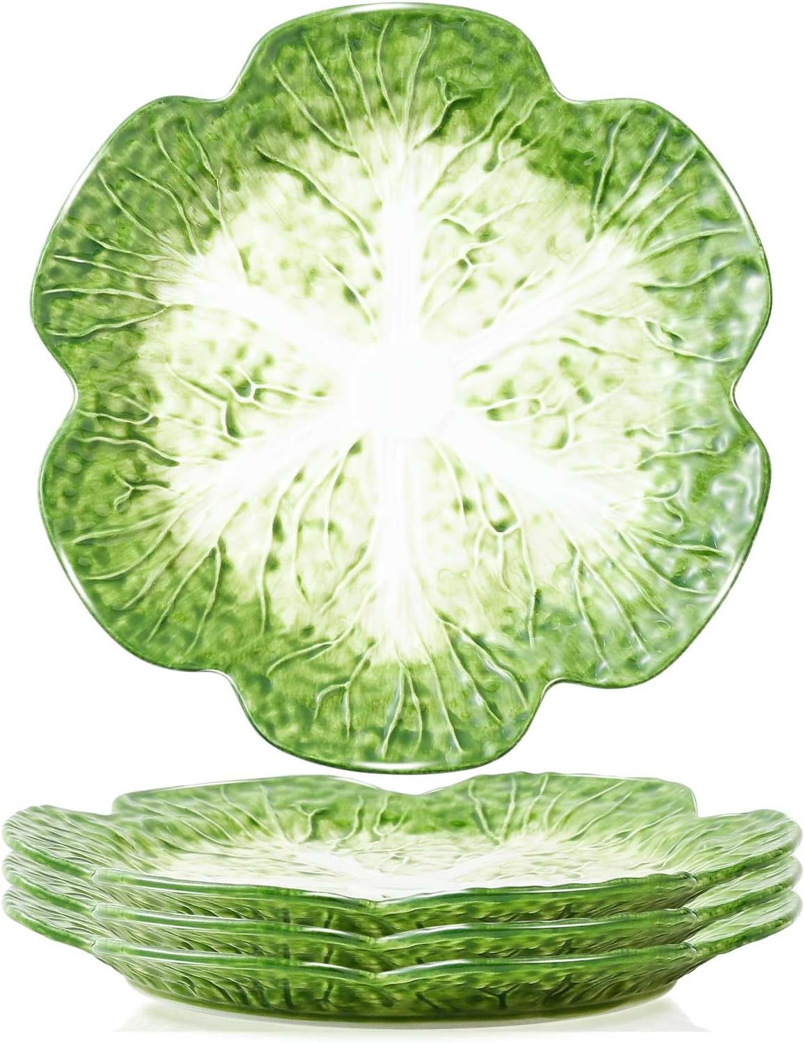 KXZ Set of 4 Green Ceramic Salad Plate, 10.5 Inch Cabbage Plates, Porcelain Decorative Plates for Kitchen, Round Appetizer Bowl for Dessert, Decorative, Dinner, Pancakes, Steak