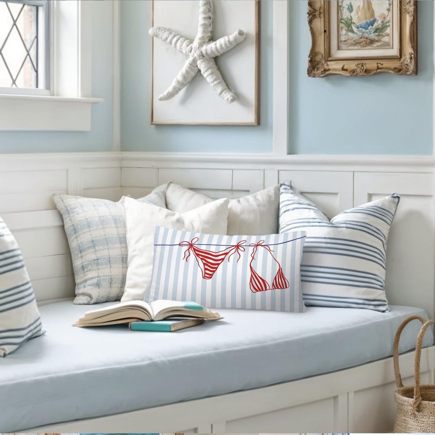 Blue Coastal Dorm Preppy Beach Girly Room Decor 12x20 Bikini Pillow Cover, Coastal Striped Decorative Lumbar Pillow Covers for Girls Bedroom College Dorm Sofa Couch