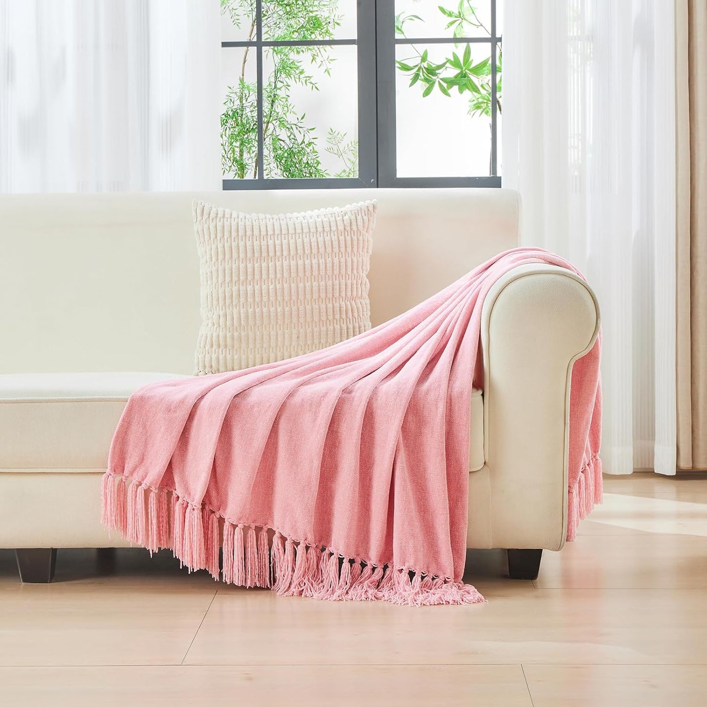 CozeCube Chenille Throw Blanket for Couch, Cozy Plush Fuzzy Decorative Pink Blanket with Fringe Tassels, Lightweight Throws for Bed Sofa Gift Home Decor, 50"X60"