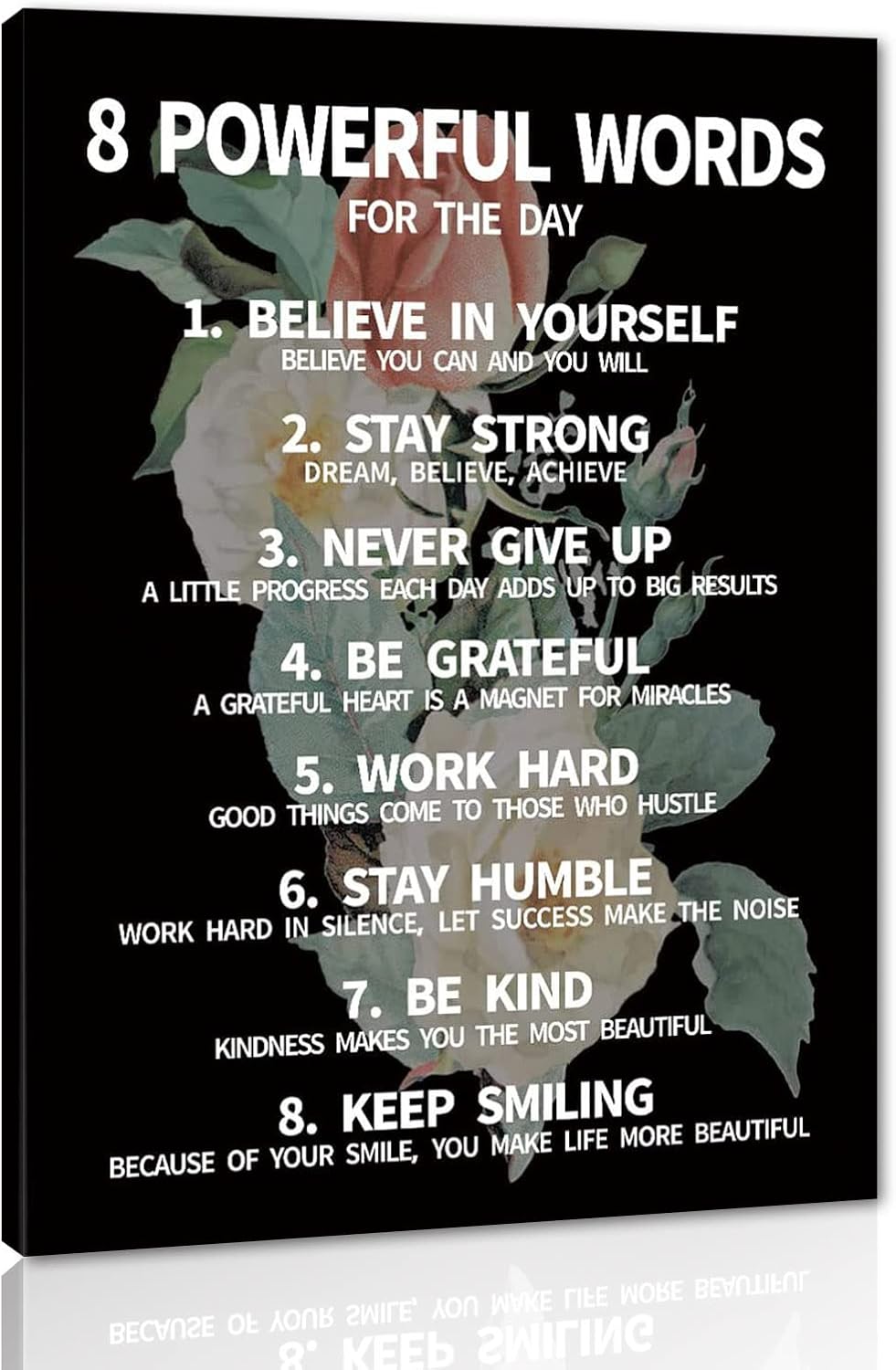 Inspirational Office Quotes Sayings - 8 Powerful Words for The Day Canvas Decoration Paintings with Flower Background Suitable for Office School Library Home Wall Hangings HD Print-12 x16 inch