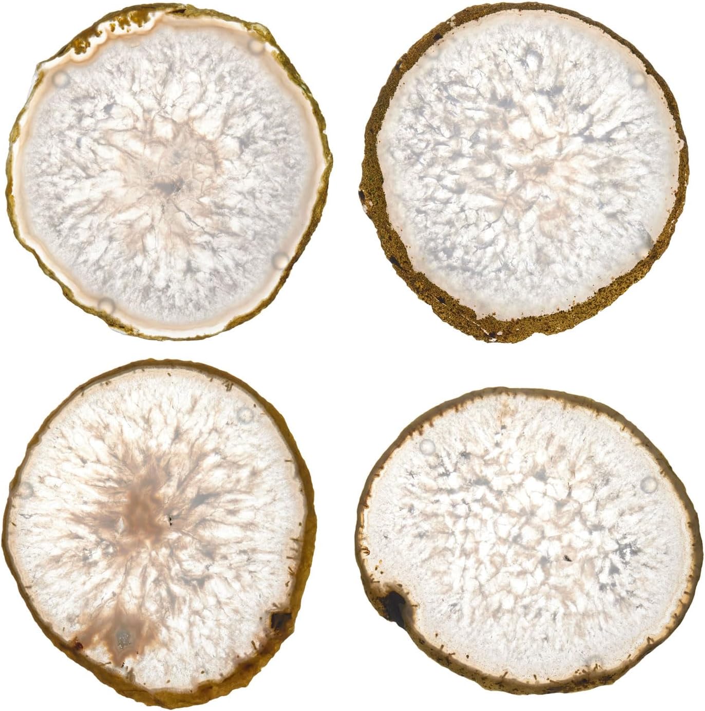 Luxury Lane Set of 4 Large Natural Brazilian Agate Slice Geode Rock Stone Drink Coasters with Wood Holder 4.3-4.7 inch Centerpiece Table Decoration, White