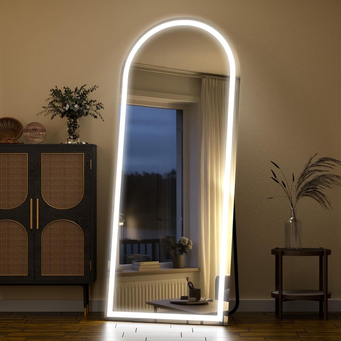 LED Arched Full Length Mirror with Lights 65"x24" - Lighted Floor Mirror with Dimming & 3 Color Lighting, Aluminum Frame Standing Leaning or Hanging for Bedroom Cloakroom White