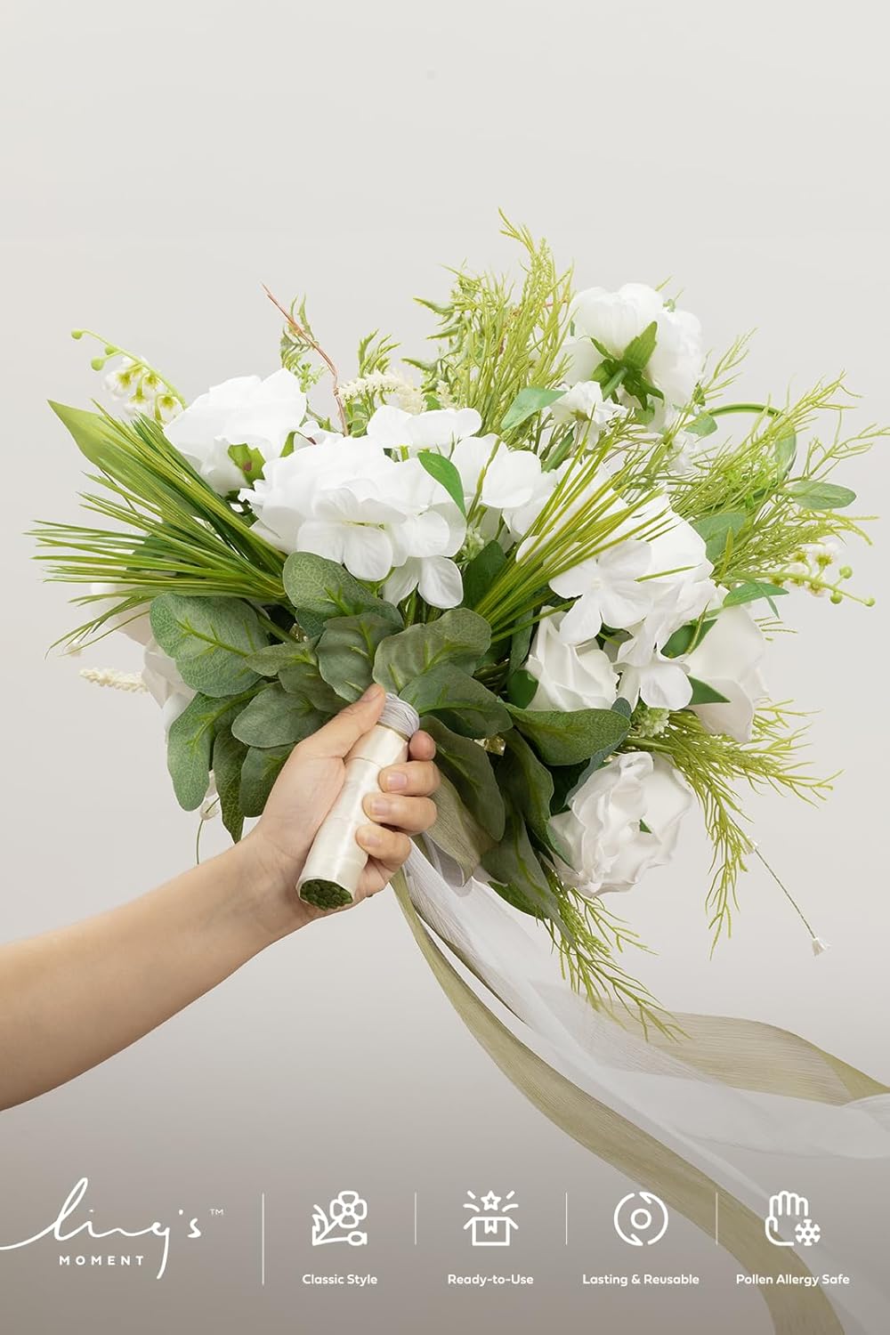 Ling's moment White Wedding Bouquets for Bride, Lily of The Valley Bridal Bouquets for Bride, 15 Inch Free Form Artificial Wedding Flower Bouquet