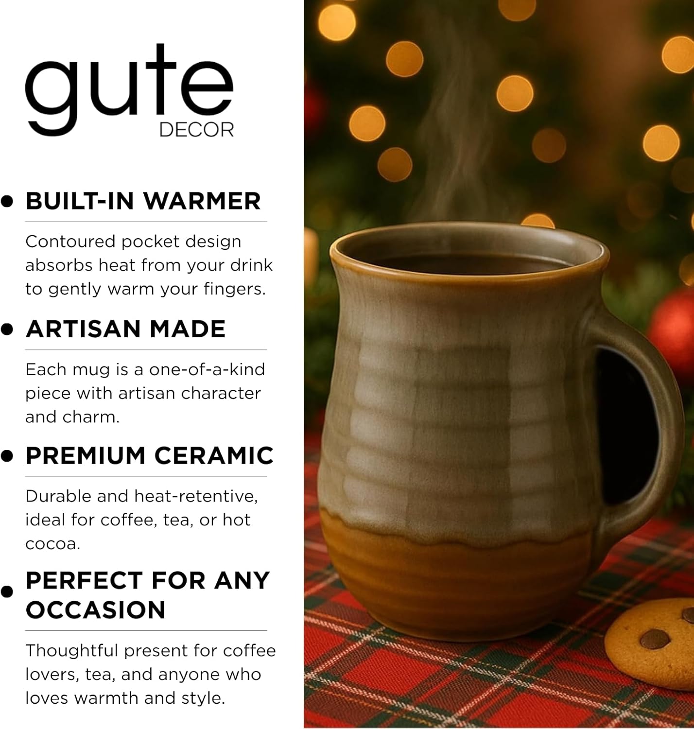 GUTE Hand Warmer Mug, Handmade Pottery Ceramic Hand Painted - Contoured Pocket Holds Warmth From The Heat Of Your Drink To Keep Your Fingers Warm, Comfy Handwarmer (Right hand)