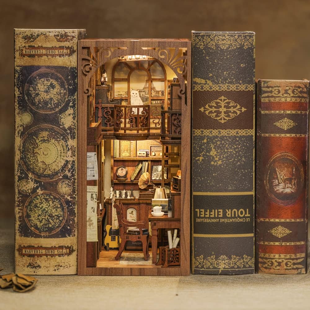 Cutefun Book Nook Kit,3D Wooden Puzzle Bookends,Miniature house kit with dust cover,Bookends Kit with LED Lights,DIY Dollhouse Bookend Tiny House for Adults,Birthday Easter Home Decor for Teens Adults