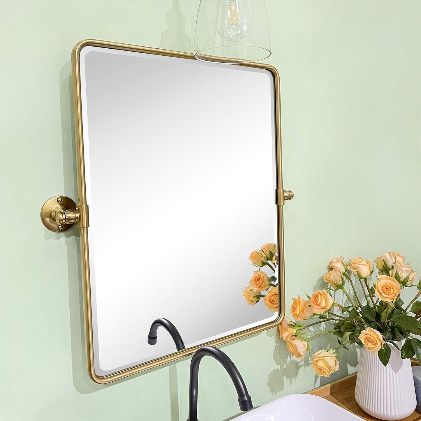 Farmhouse Gold Metal Framed Pivot Rectangle Bathroom Mirror Rounded Rectangluar Tilting Beveled Vanity Mirrors for Wall, Overall 22.91 x 24 inches (Mirrror 19 x 24 inches)