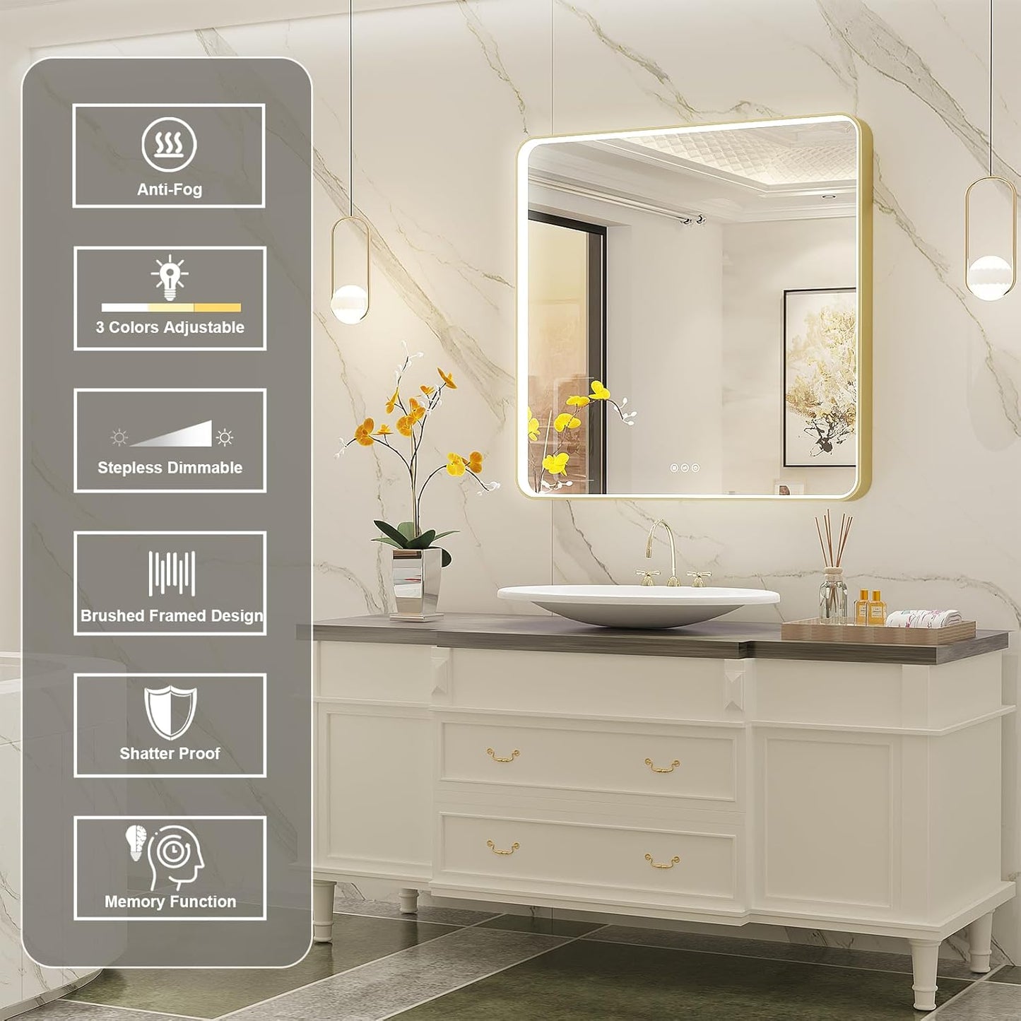 LED Mirror for Bathroom 32X32 Inch Gold Framed with Anti-Fog, Stepless Dimmable, Front Lit, LED Bathroom Vanity Mirror for Wall, Memory Function, Shatter-Proof