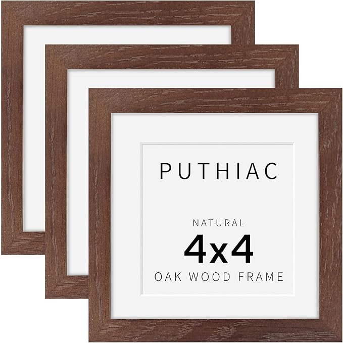 4x4 Oak Wood Picture Frame - 4"x4" Photo Frame, 4x4 Picture Frame Wood, Natural Solid Wooden Picture Frames for Wall Art Photo and Prints(3 Pack, Walnut)