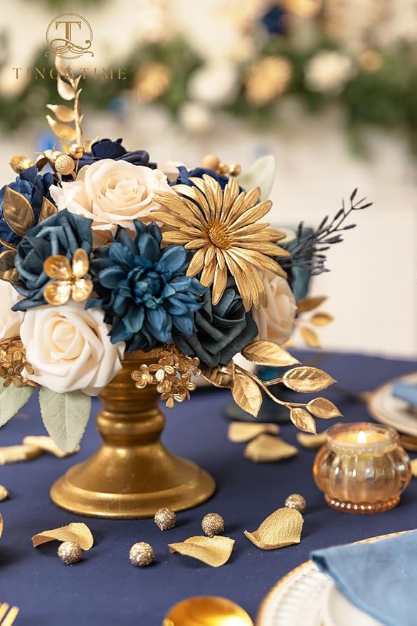 TINGE TIME Roses Artificial Flowers Blue Faux Flowers Bulk for DIY Bridal Wedding Bouquets Baby Shower Centerpiece Table Home Decorations(Navy Blue)