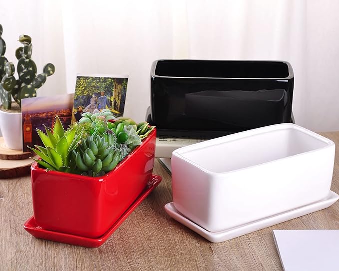 VanEnjoy 10 Inch White Rectangle Ceramic Succulent Planter Pot Decorative Cactus Plant Pot Flower Container with Ceramic Tray