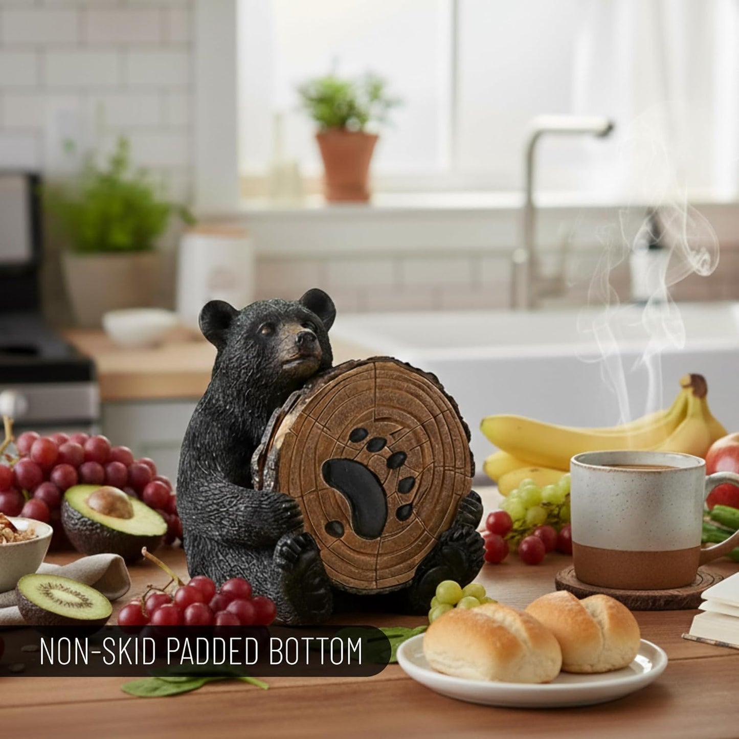 Black Bear Drink Coaster Set of 5 with Rubber Pad Base - Cool Rustic Home Table Beer and Beverage Coaster with Holder