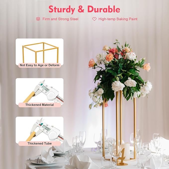 4 Pcs Metal Flower Stand for Wedding Centerpieces Stand Column Vases Wedding Flower Stand Rectangular Geometric Gold Centerpieces Stands for Wedding Decorations Home Party Event (4Pcs)