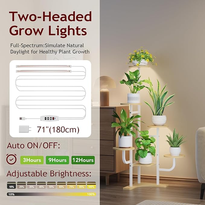 Corner Plant Stand with Grow Light - 6 Tier Plant Stand Indoor Round Metal Plant Shelf with Adjustable Light, Plant Organizer for Living Room, Graden, Home Decor (Maple)