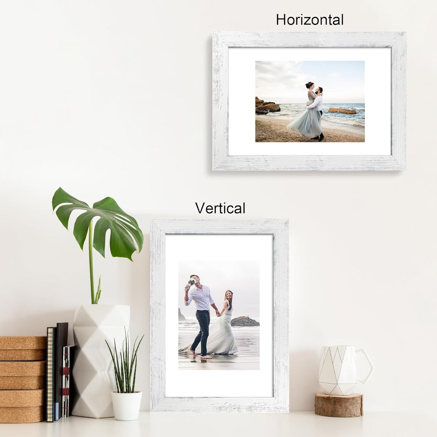 iRahmen 8x12 Picture Frame Set of 4 with High Definition Glass, Distressed White Frame Display 6x8 Picture with Mat or 8 x 12 Without Mat, Wood Rustic Photo Frames for Tabletop and Wall Mounting