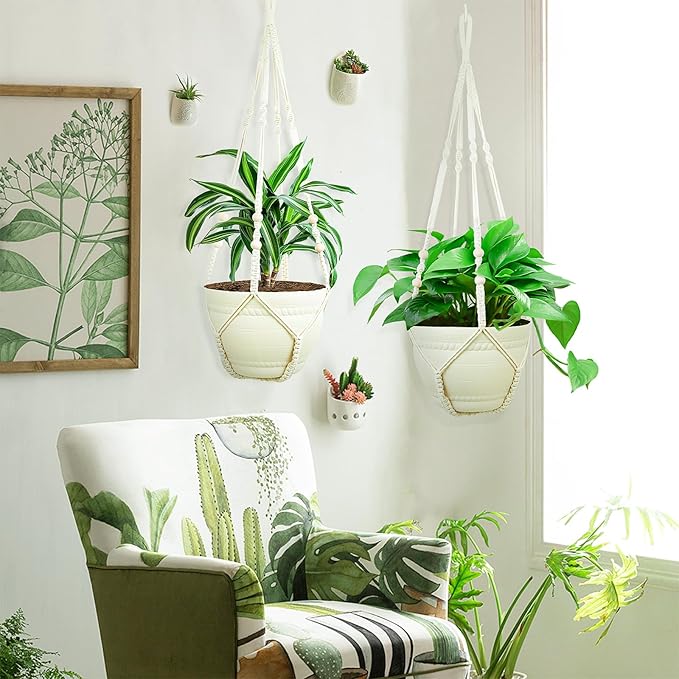 FGSAEOR Macrame Plant Holder Indoor Outdoor, Hanging 3-15 inch Pot, Bearing 20lb Planters, DIY Handmade Hanging Planter Basket, 35-Inch Extra Long Strong Boho Home Décor (2-Pack) (Ivory)