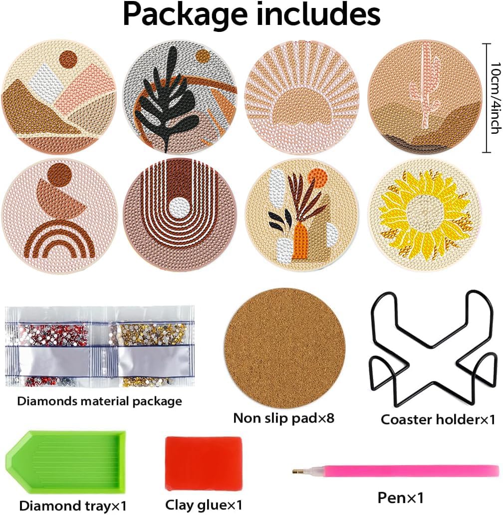 DOTSOPS 8Pack Landscape Diamond Painting Coaster with Holder 5D Diamond Art Kits for Adults Round Full Drill Beginners Gem Dots Craft Arts Supplies Party Home Decor Abstract