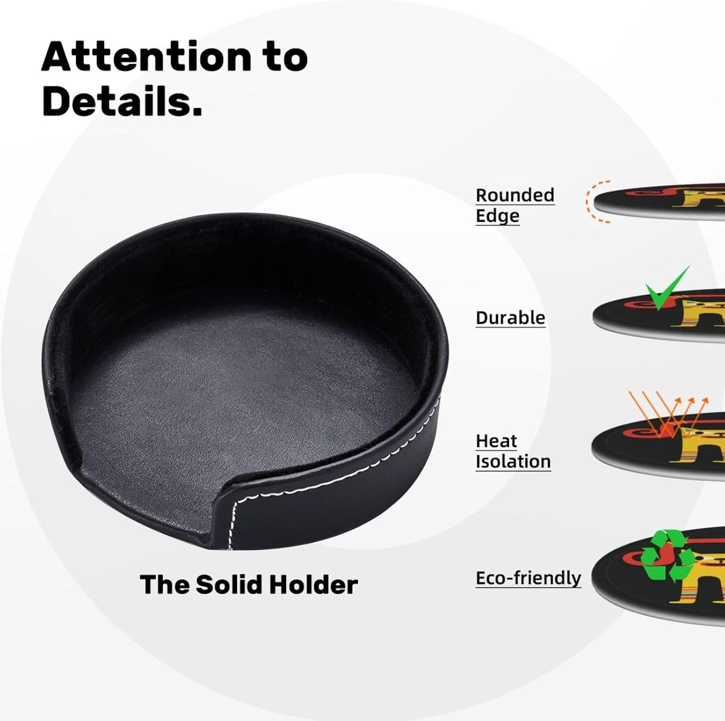 Cute Colorful Cat Leather Drink Coasters Set of 6 with Holder Round Cup Coaster for Table Decor