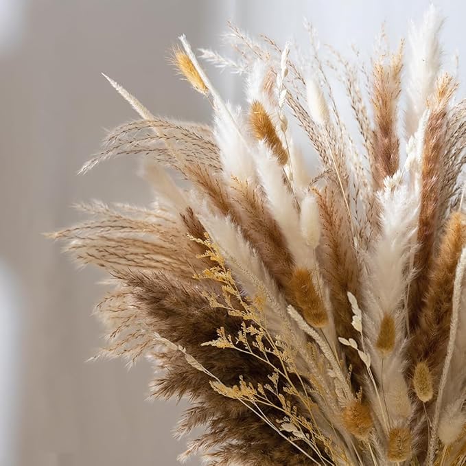 106pcs Natural Dried Pampas Grass Decor with Vase Artificial Flowers in Vase Boho Home Decor Bouquet Bunny Tails Dried Flowers, Reed Grass Bouquet for Wedding Floral Arrangements (106pcs)