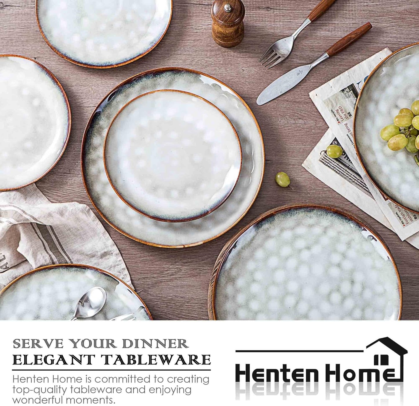 Henten Home Ceramic Dinner Plate Set, 11 Inch Porcelain Pizza, Pasta, Salad Plates, Irregular Shape Steak Plates Set of 4, Stoneware Serving Dishes for Kitchen (White)