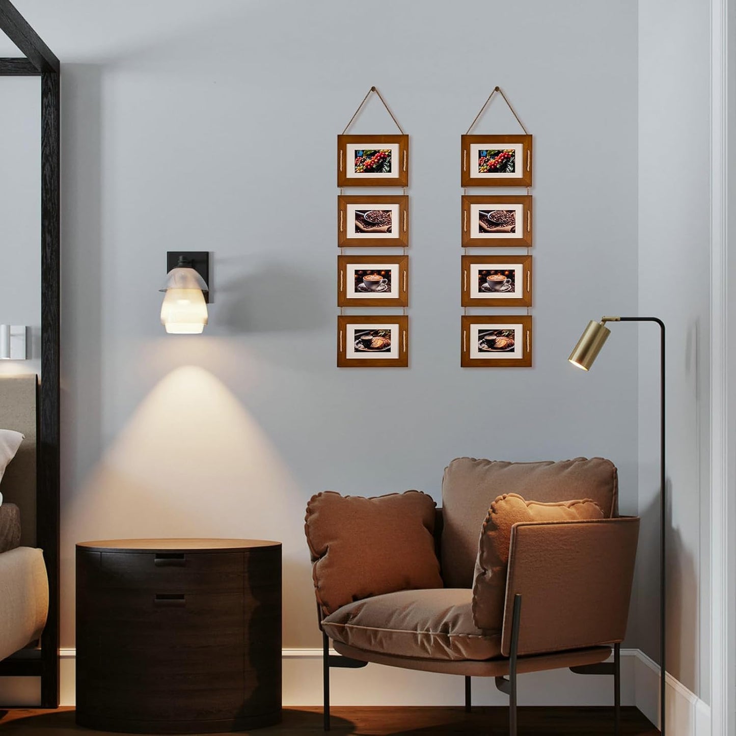 DLQuarts 5x7 Hanging Collage Picture Frames Wall Decor, 4-Opening 5x7 Matted to 3.5x5 Photo Rustic Wood Frame with Hemp Rope, 2 Pack, Dark Walnut