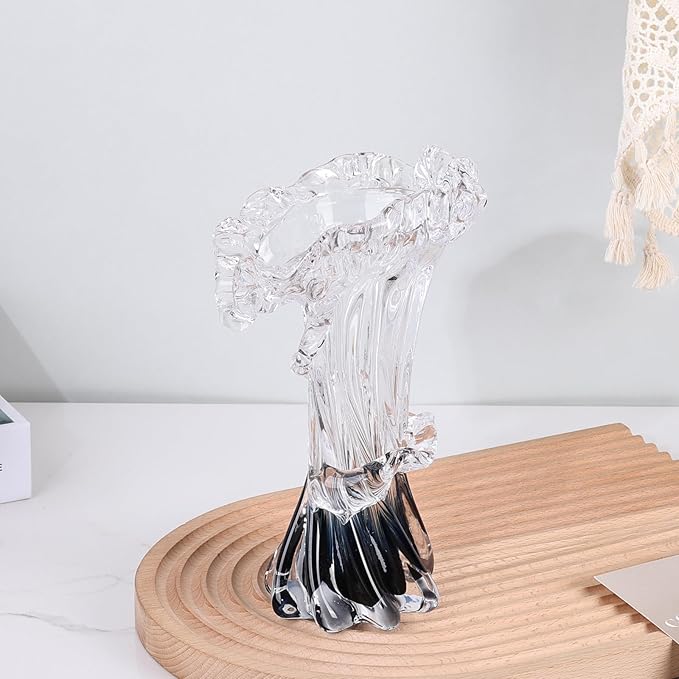 Blue White Clear Wave Vases Gradient, Murano Hand Blown Glass Vase Unique Art Decorative, for Ocean Themed Coastal Home Centerpiece Modern Office Entrance Table Creativity