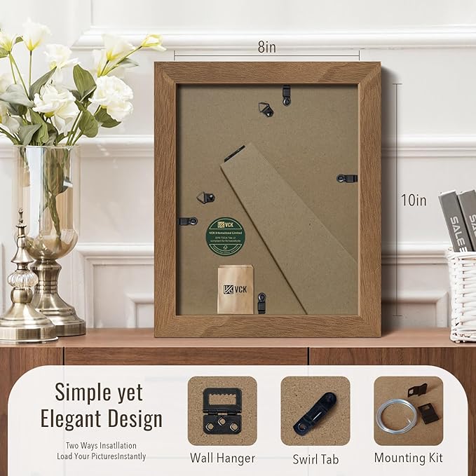 VCK 8x10 Picture Frame 3 Pack - Brown Walnut, Exclusive Natural Wood Grain Solid Wood Picture Frame, Table Display or Wall Hanging