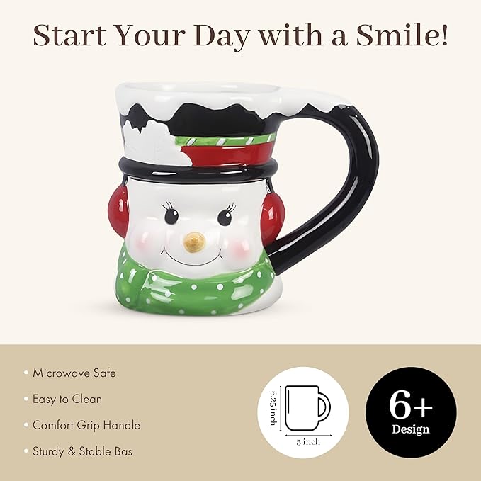 Young's Inc Ceramic Snowman Coffee Mug, 3D Sculpted Cups for Tea, Coffee, Cold Drinks, Gift for Coffee Lovers, Cooks, Birthday, Microwave-Safe Dishwasher-Safe Christmas Decor, 6-inch Length