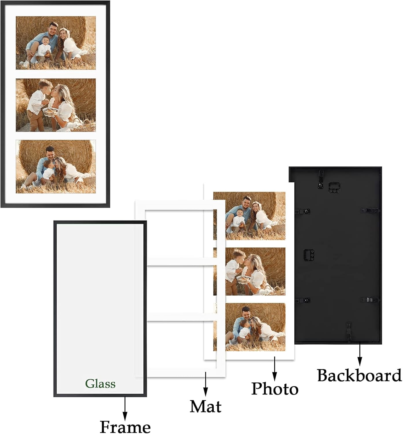 Frametory - 8.5x16.3 Aluminum Collage Picture Frame - Display 5x7 Pictures with 3 Openings Mat - Real Glass Front - Horizontal/Vertical Wall Mount - Black 1 Pack