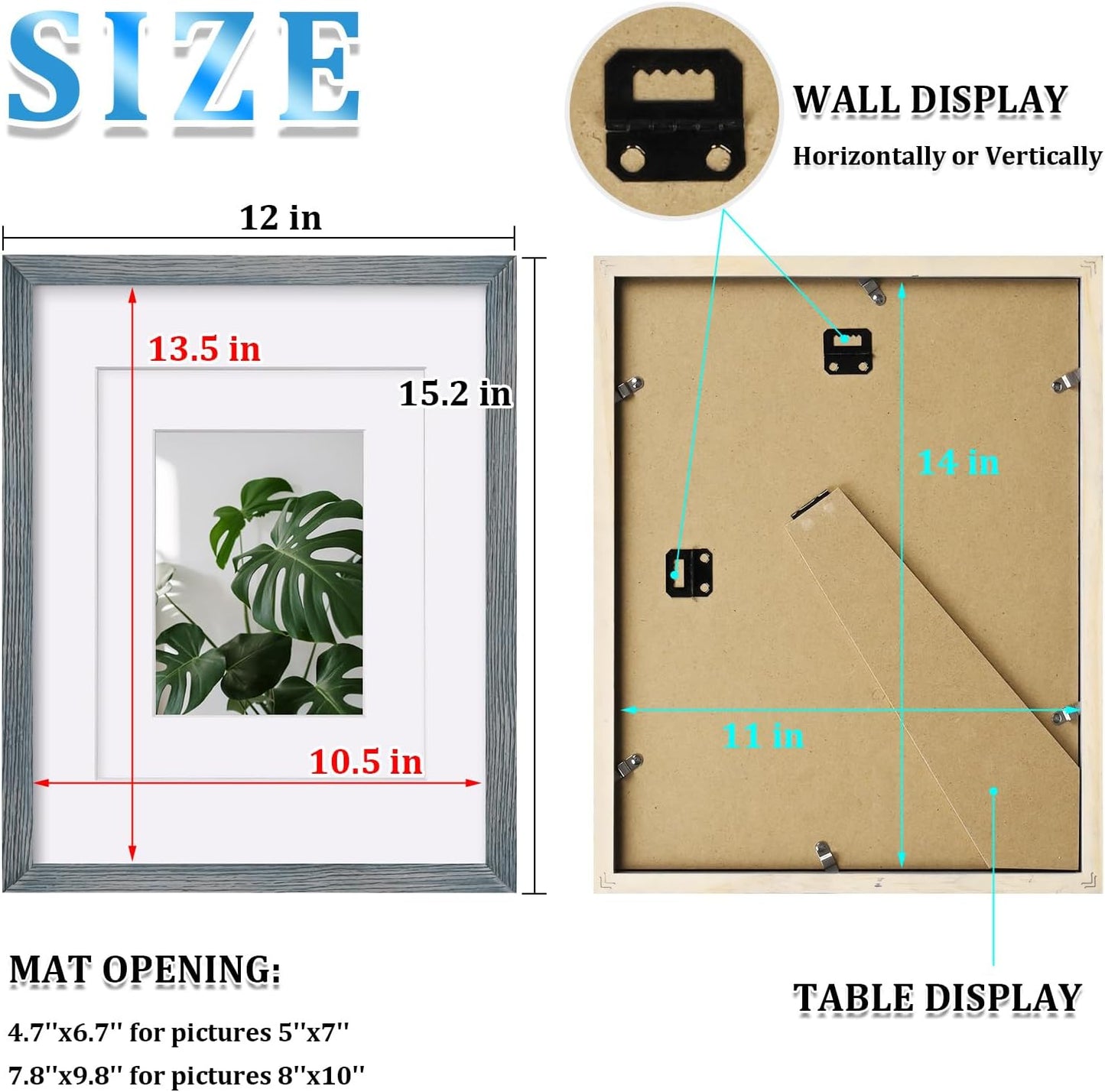 Egofine 11x14 Picture Frames Set of 4, Made of Solid Wood Covered by Plexiglass 5x7 and 8x10 with Mat or 11x14 without Mat, for Table Top Display and Wall Mounting Photo Frame Rustic Blue