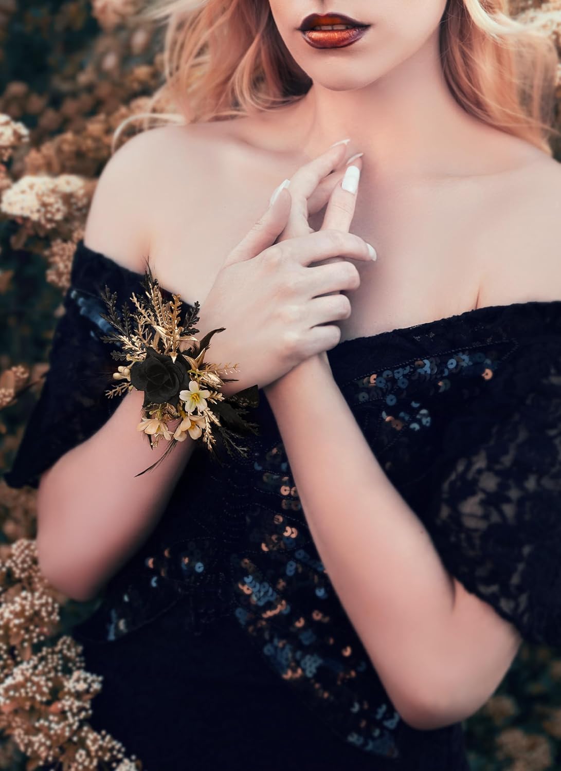 Corsage and Boutonniere Set - Black Wristlet for Men Prom Dark Wrist Corsage for Goth Wedding Ceremony