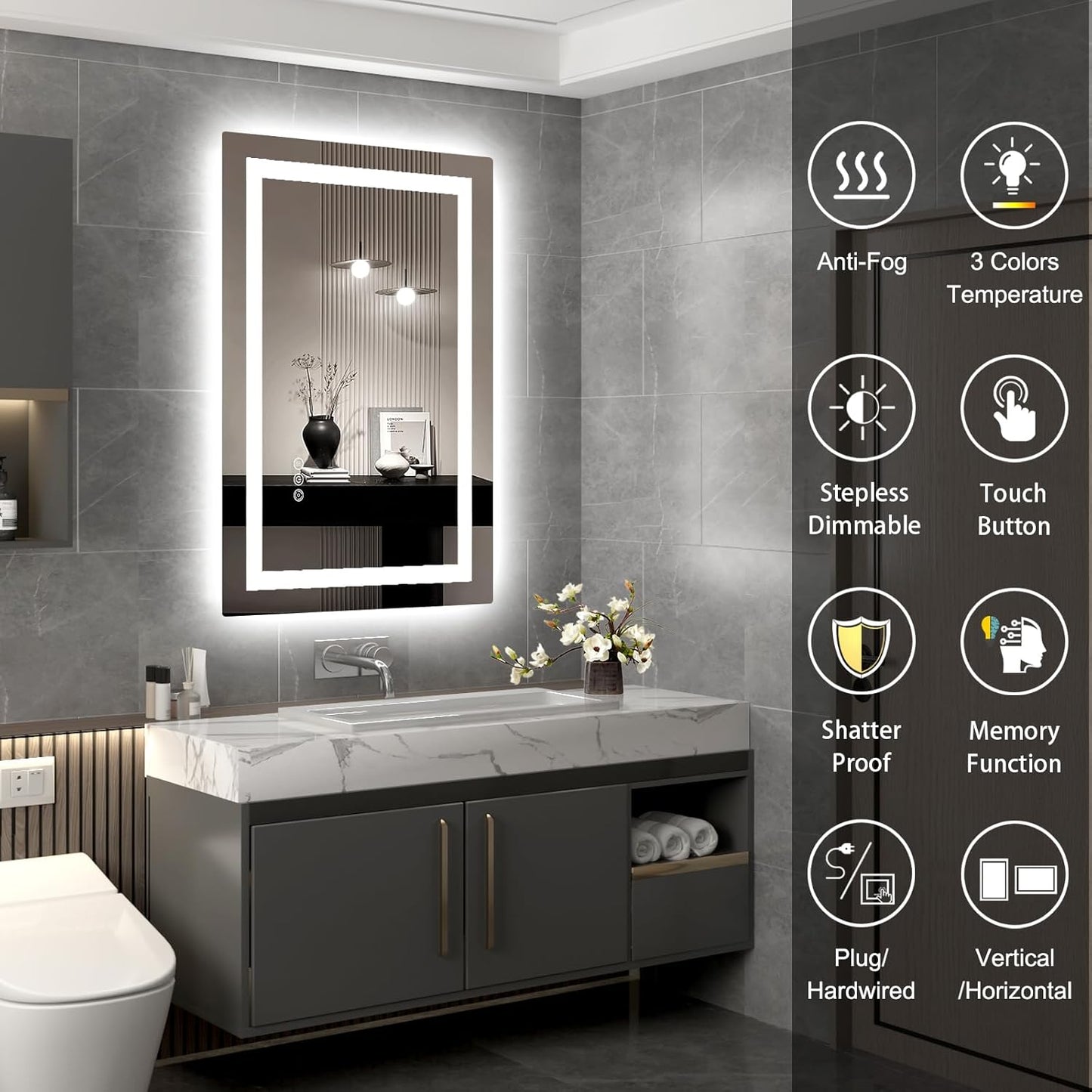 LED Mirror for Bathroom 24x36 Lighted Bathroom Vanity Mirrors with Lights, Brighter Frontlit and Backlit Anti-Fog Mirror, Tempered Glass, Dimmable 3 Colors Light Modes, Memory Function